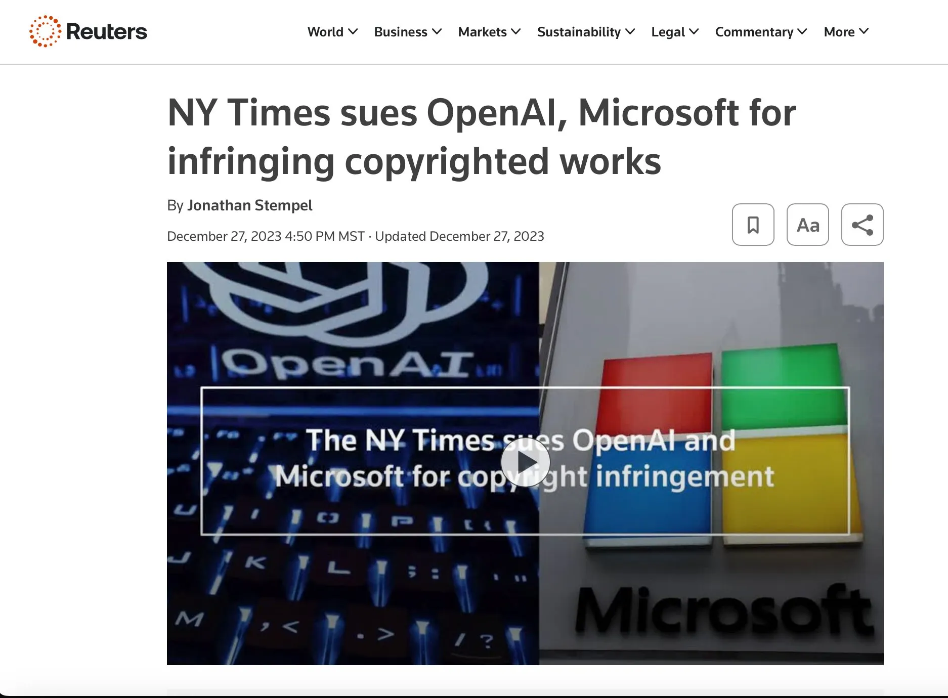 Reuters coverage of the New York Times lawsuit against OpenAI