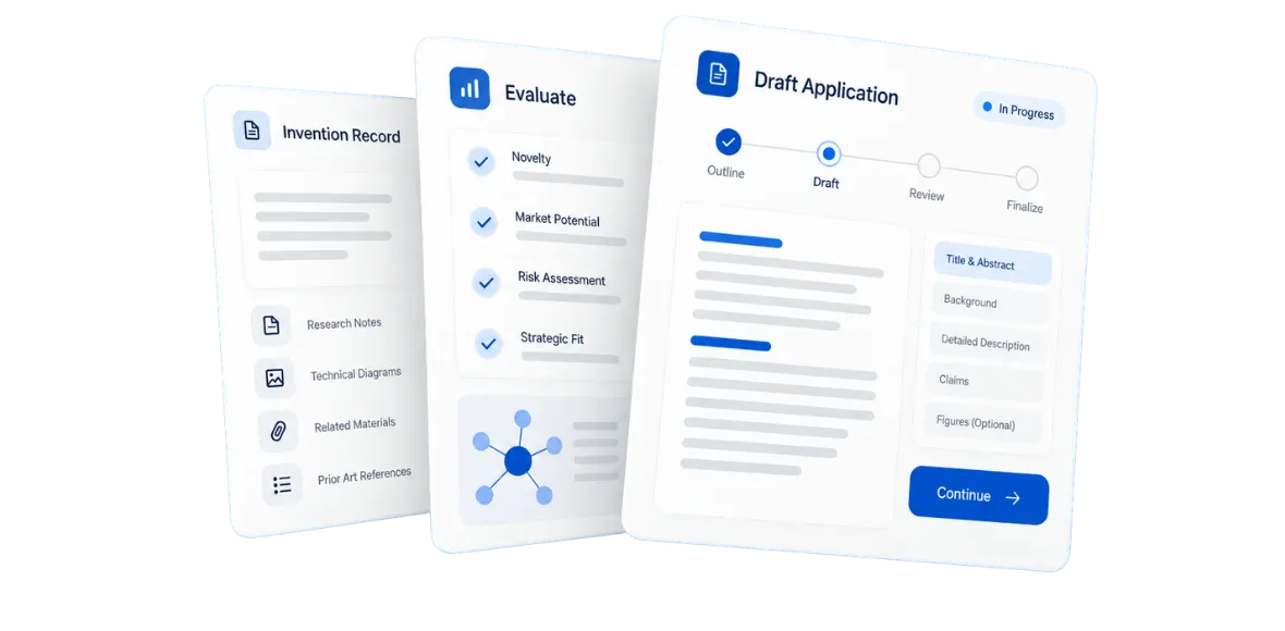 Patentext platform showing invention record, evaluation, and draft application screens