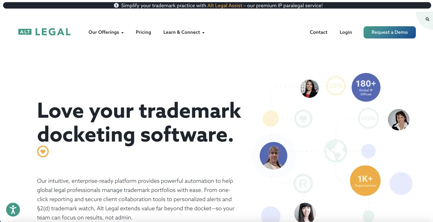Alt Legal homepage — trademark docketing software with enterprise-ready automation for global IP professionals