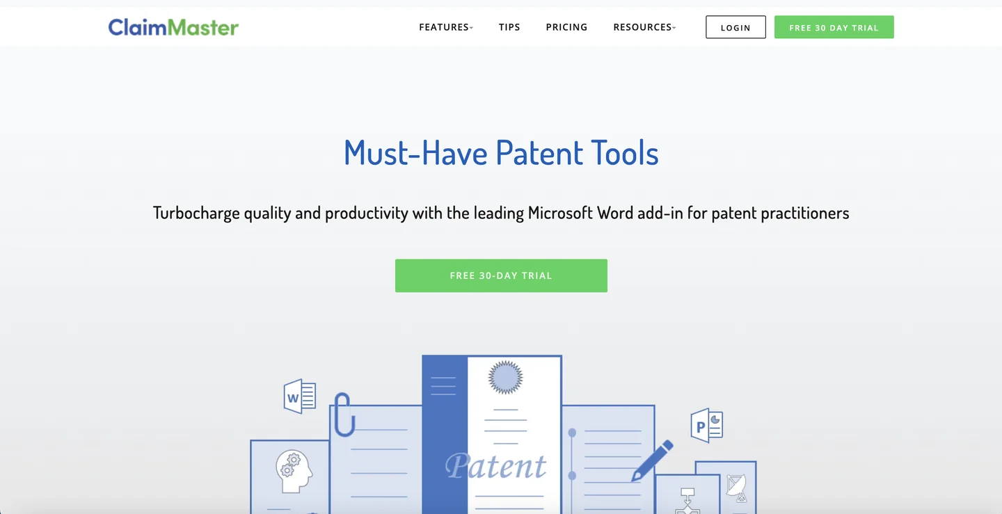 ClaimMaster patent drafting and proofreading tool homepage