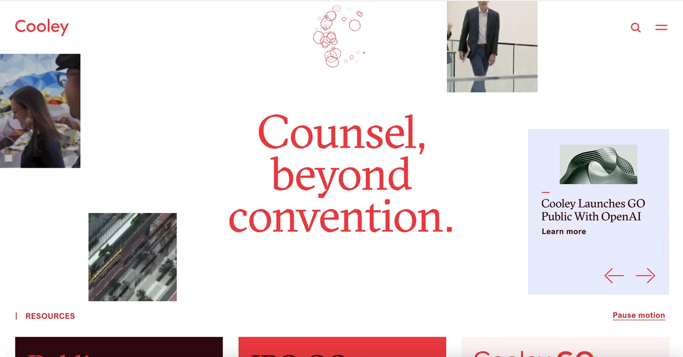 Cooley website Cooley homepage — full-service law firm offering patent counsel integrated with fundraising, diligence, and M&A support
