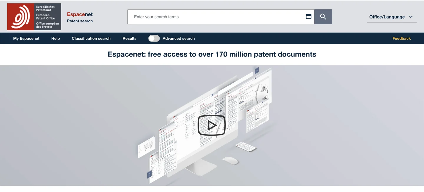 EPO Espacenet free patent search database homepage