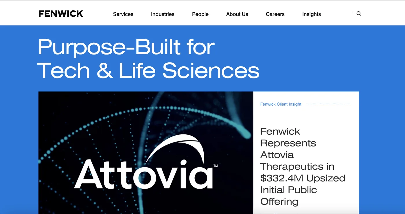 Fenwick & West website Fenwick & West homepage — full-service technology law firm offering patent counsel alongside corporate and financing work