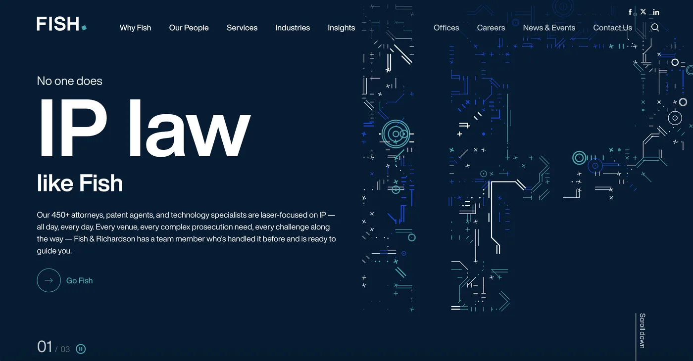 Fish & Richardson website Fish & Richardson homepage — large specialist IP law firm with deep patent prosecution and litigation capabilities