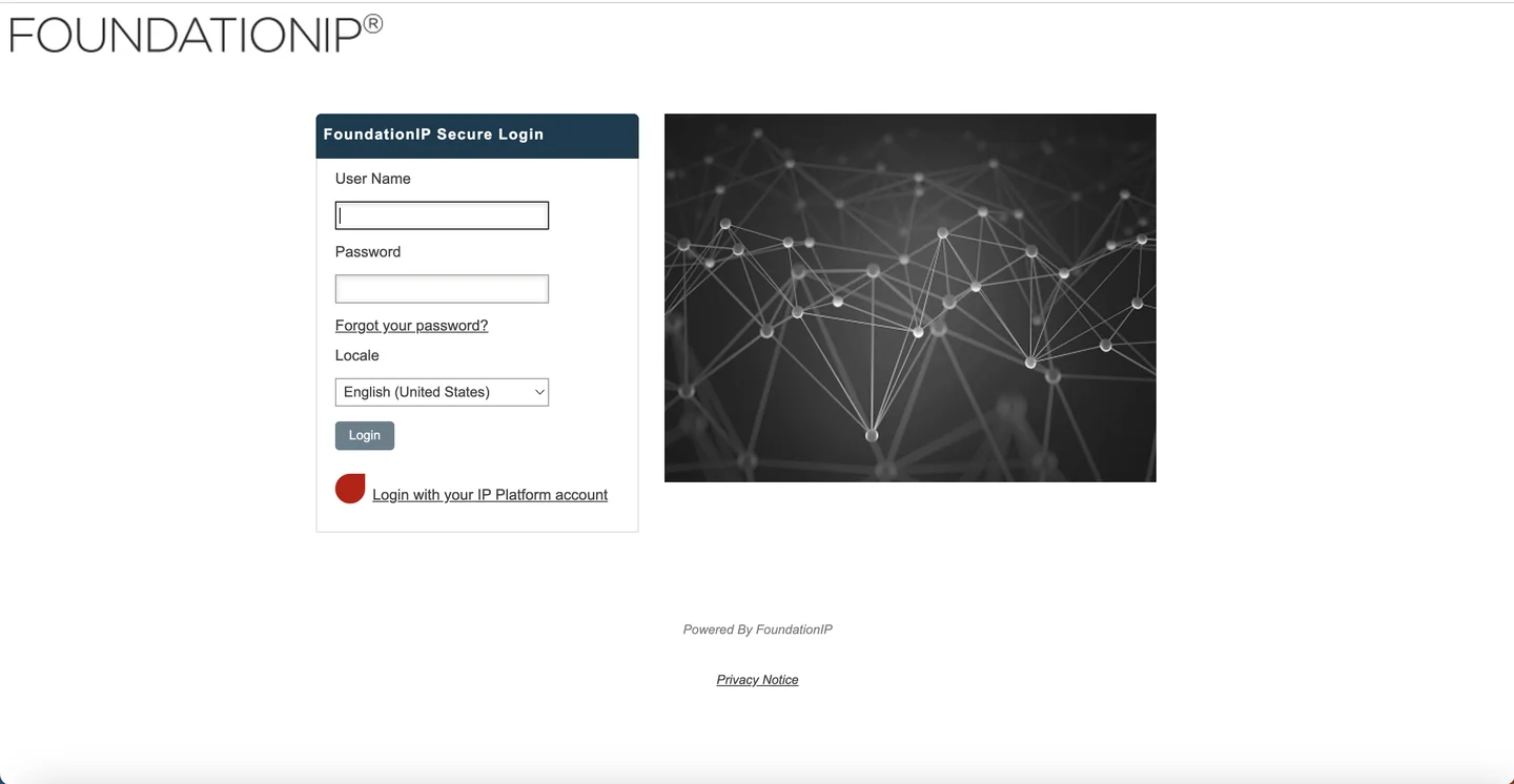 FoundationIP by Clarivate login page — patent management and docketing software for law firms and corporations