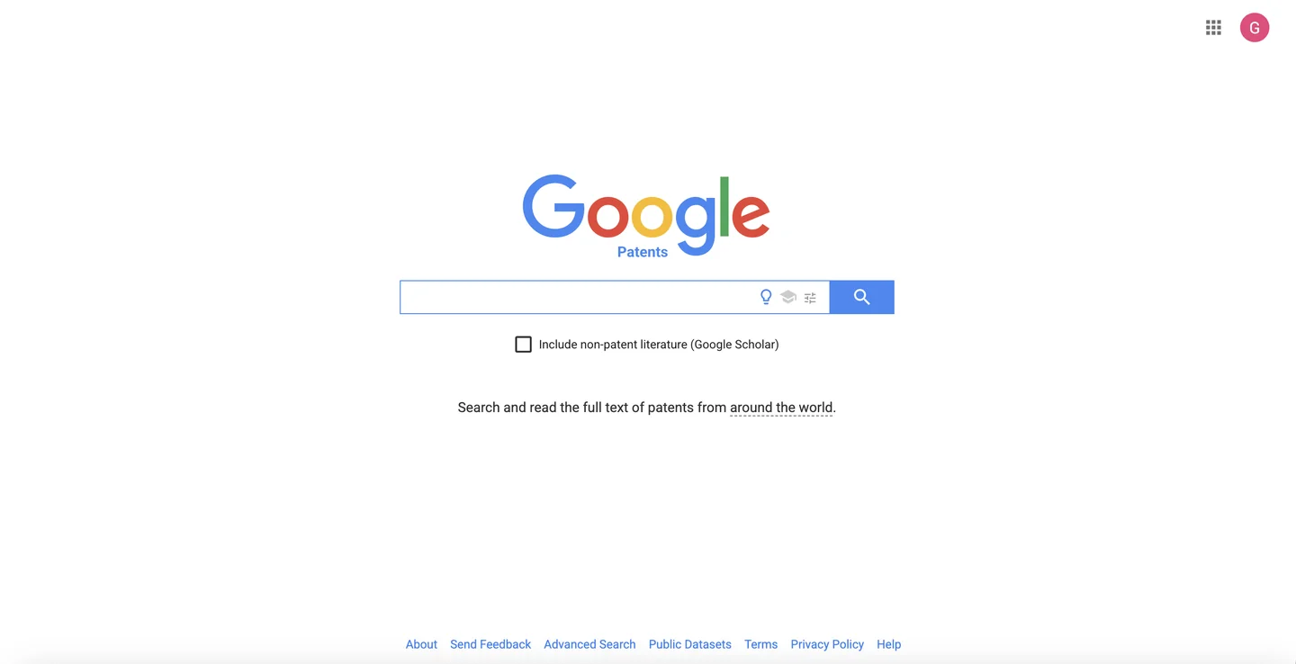 Google Patents free patent search tool homepage