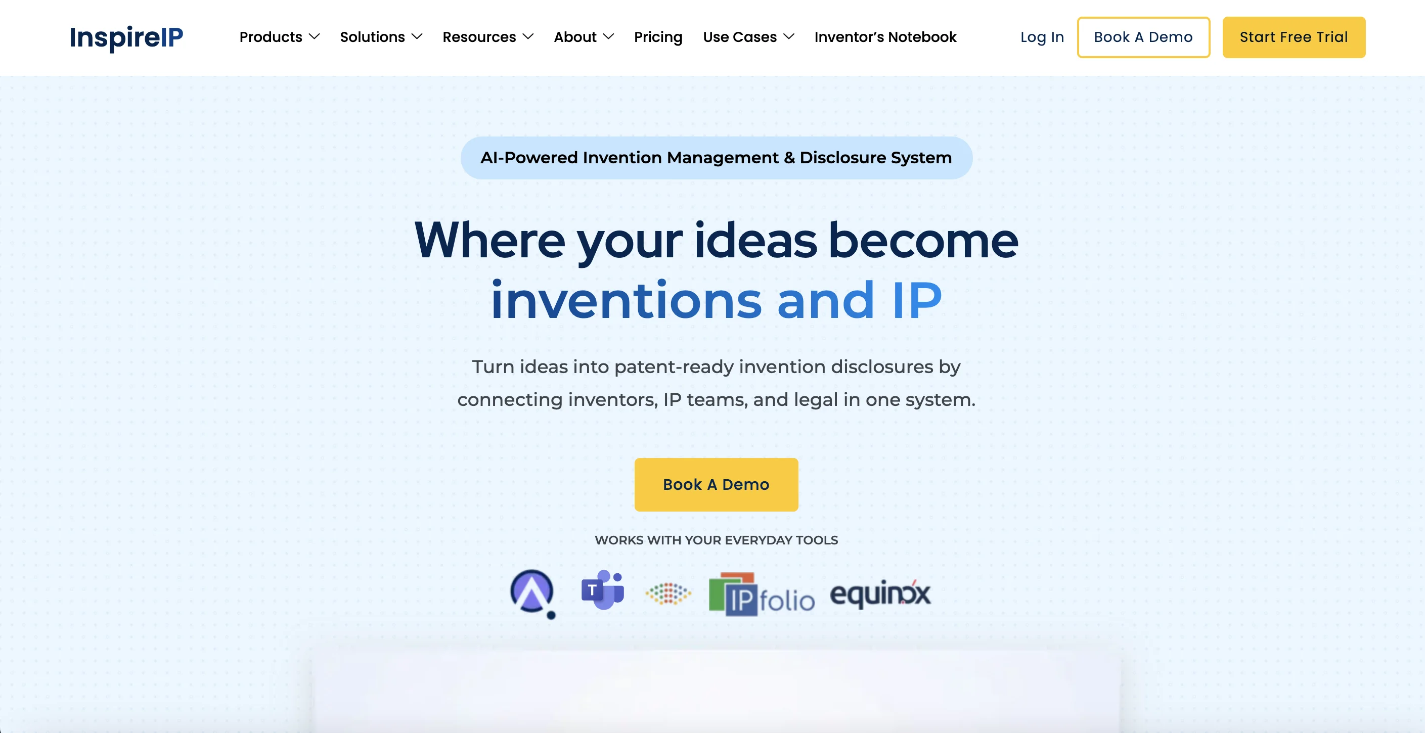 InspireIP homepage — invention disclosure and employee engagement platform for capturing and advancing patentable ideas