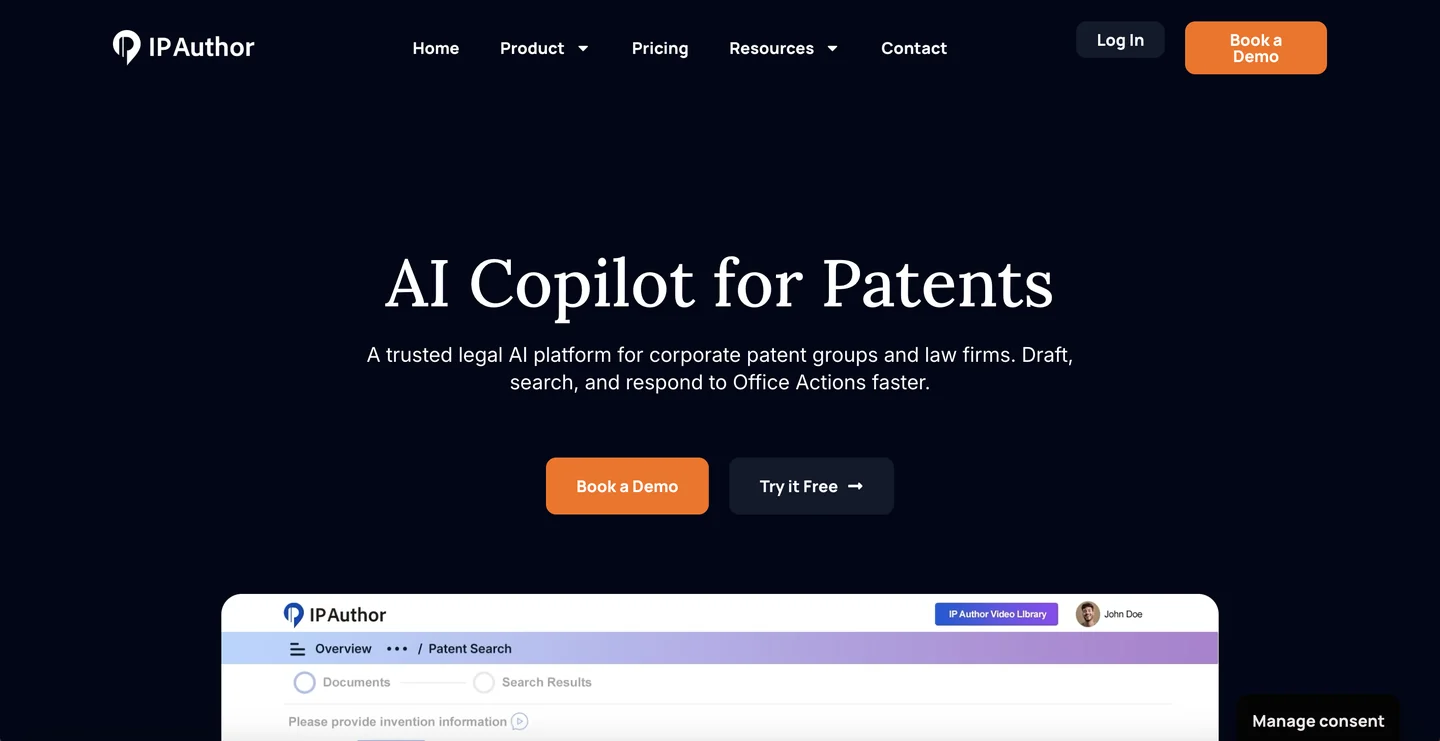 IP Author AI patent drafting tool homepage
