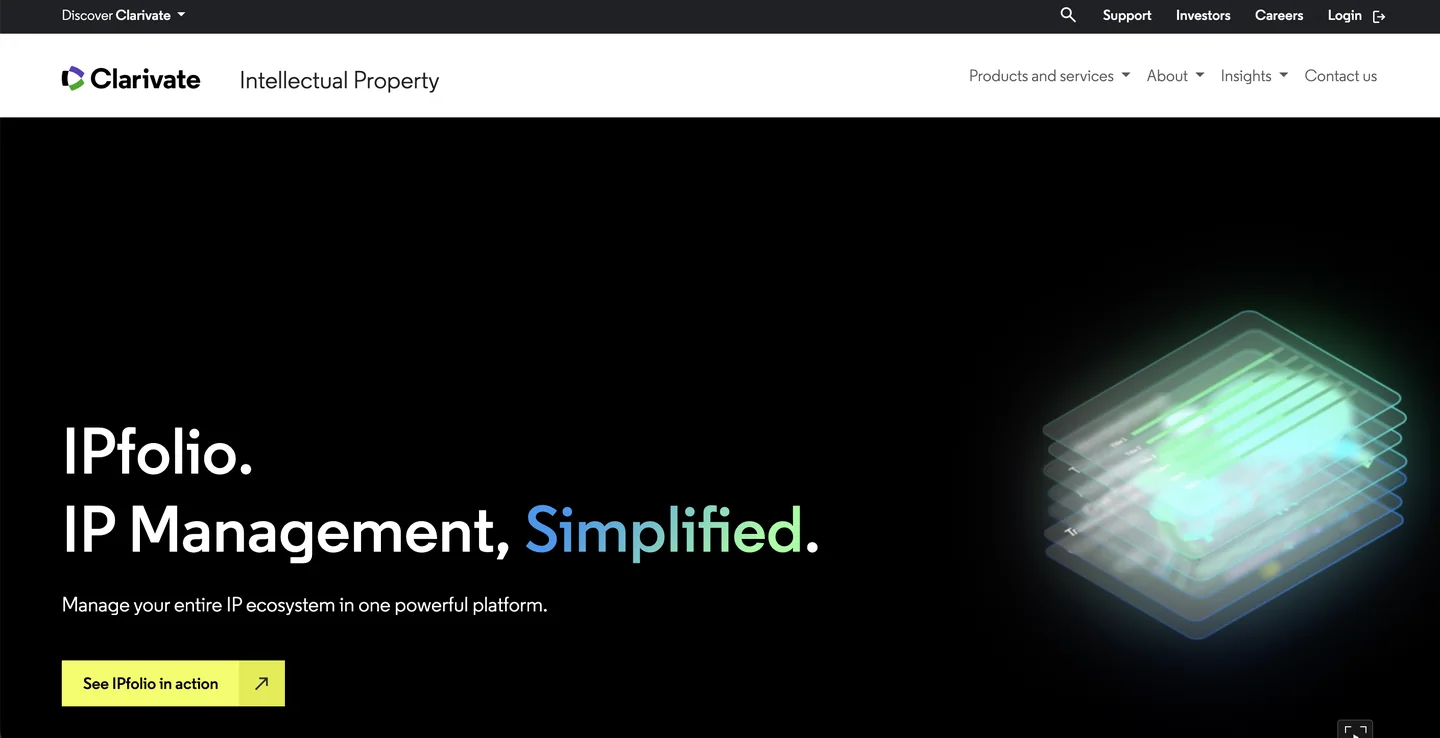IPfolio homepage — cloud-based IP management platform for corporate invention intake, portfolio tracking, and reporting