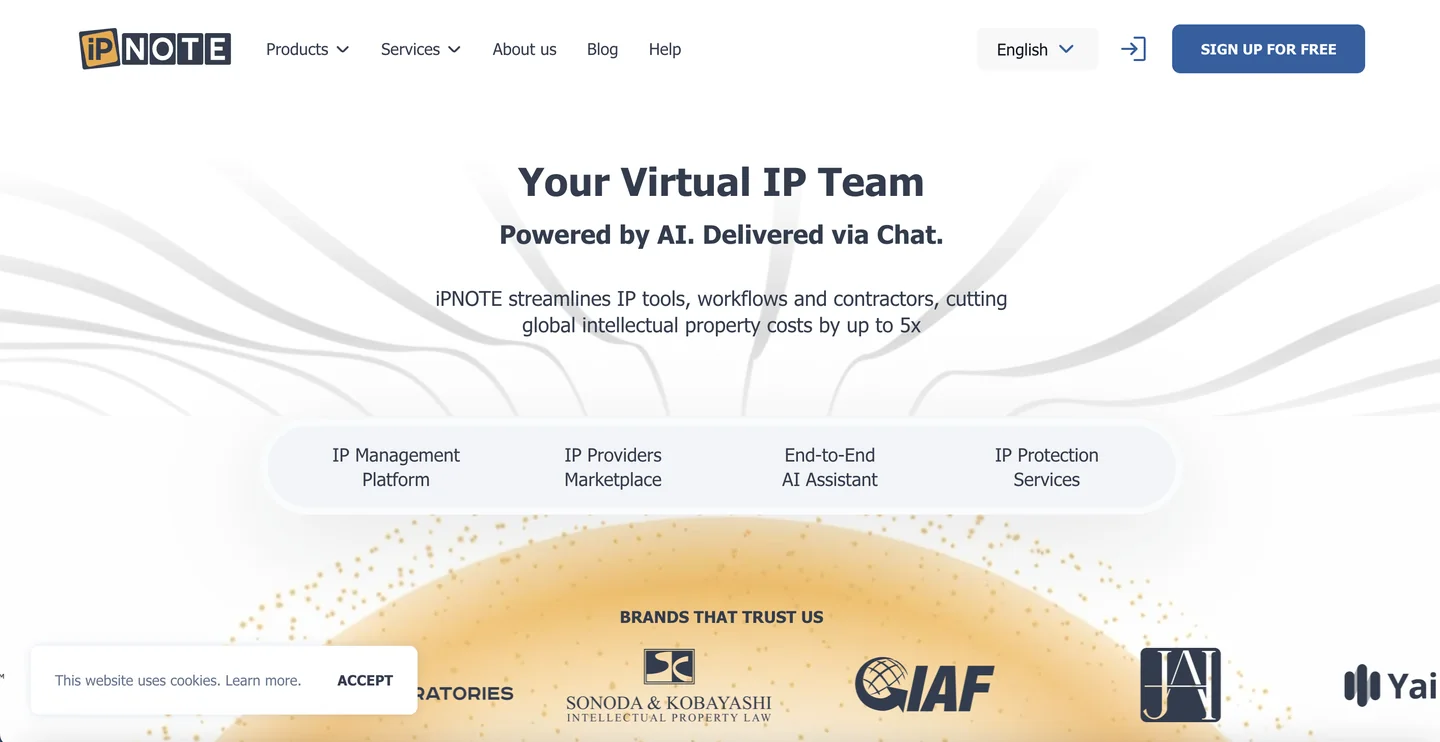 iPNOTE homepage — virtual IP team platform powered by AI for global patent filing and management