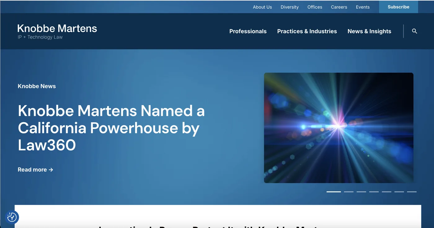 Knobbe Martens website Knobbe Martens homepage — large specialist IP law firm with deep technical expertise across patent prosecution and diligence
