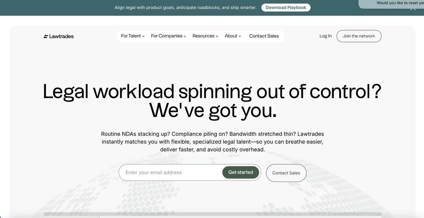 Lawtrades legal talent marketplace for startups homepage