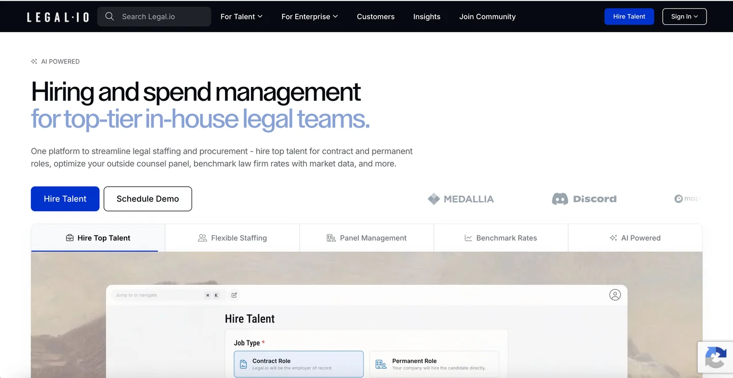 Legal.io legal hiring platform for in-house teams homepage