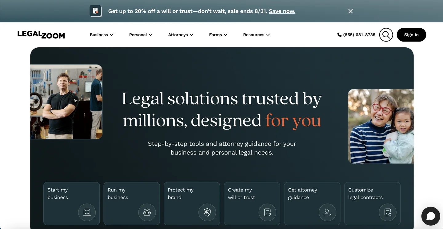 LegalZoom homepage — online legal solutions platform trusted by millions for business and personal legal needs