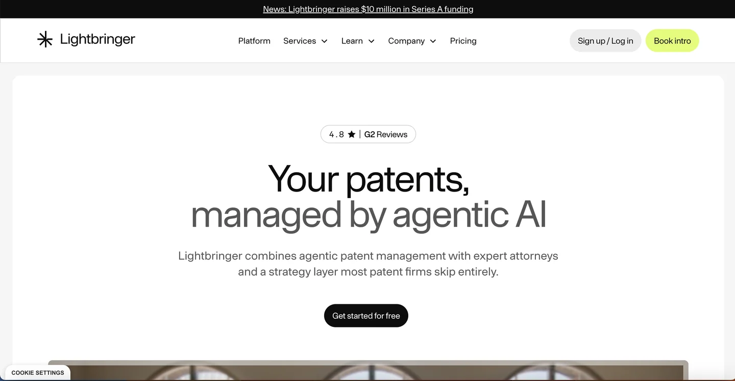 Lightbringer homepage — AI-enabled patent management platform combining agentic AI with expert patent attorneys