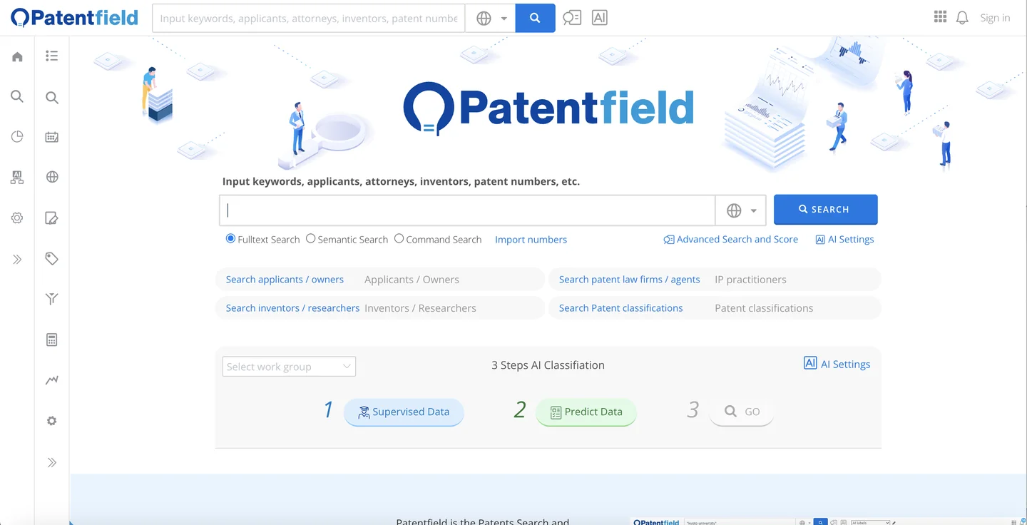 Patentfield AI patent analytics and search platform homepage