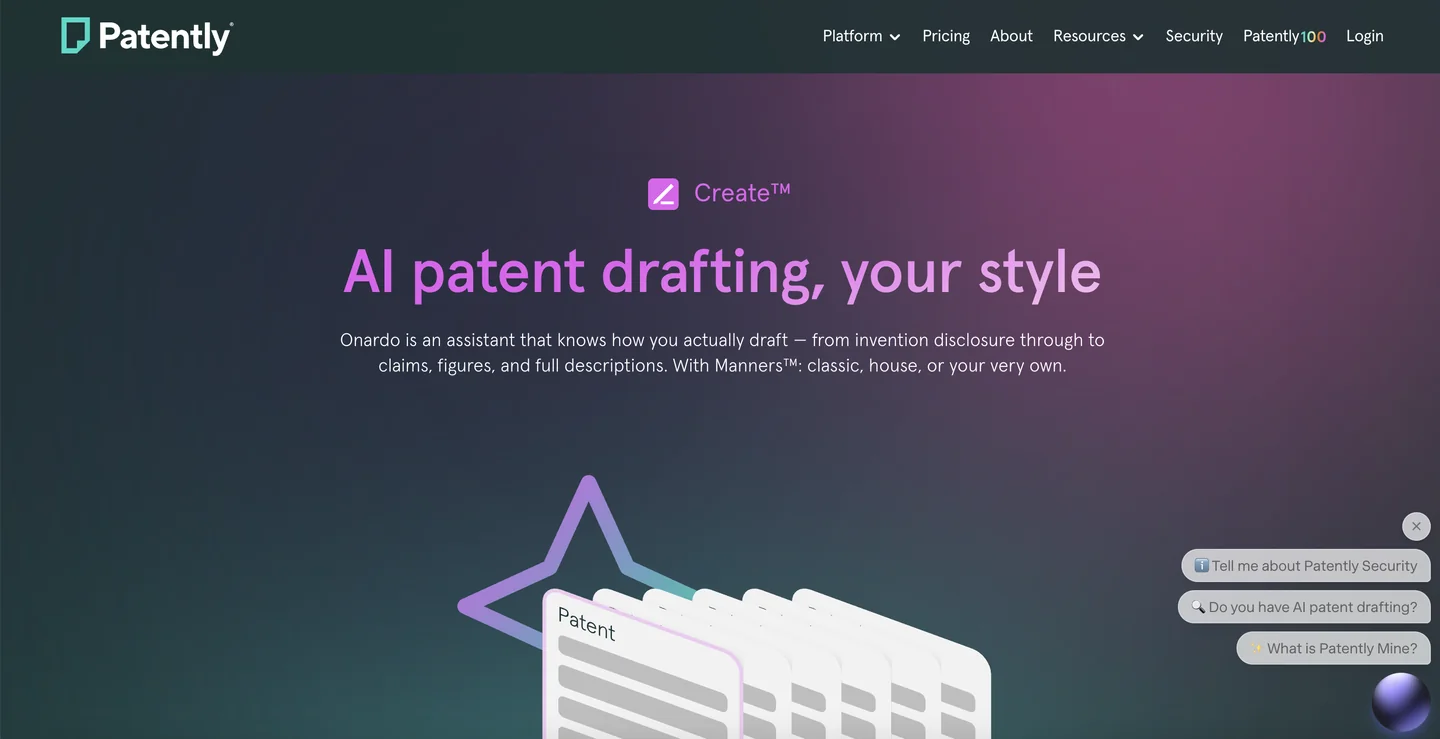Patently Create AI patent drafting tool homepage