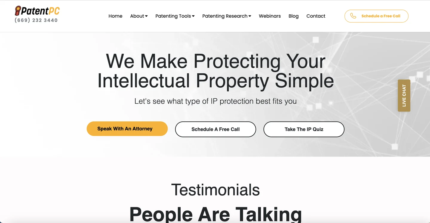 PatentPC homepage — attorney-led patent filing service for technology startups and inventors