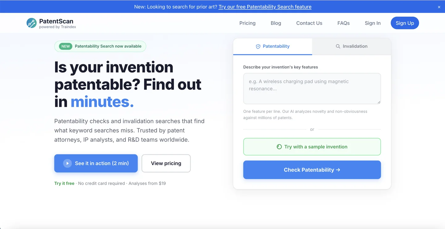 PatentScan AI patent analysis and monitoring tool homepage