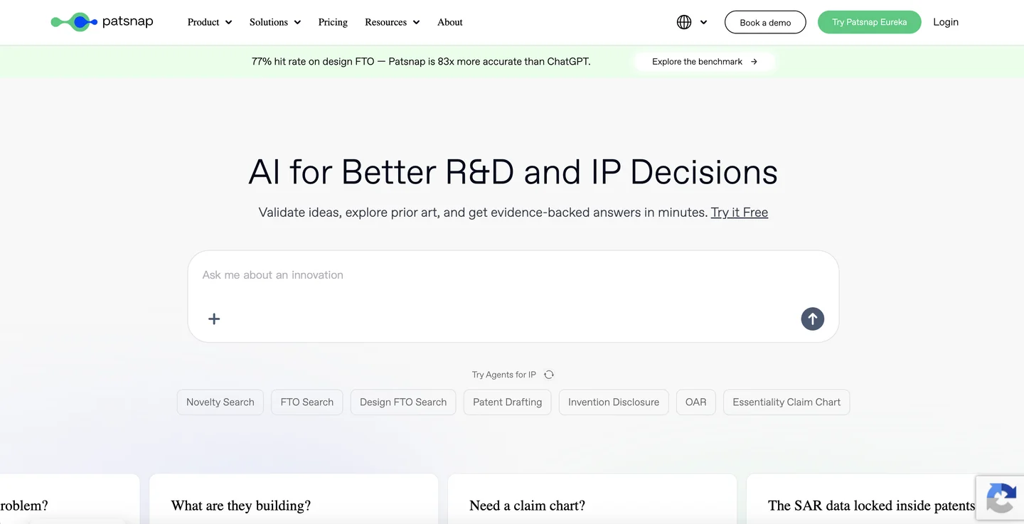 PatSnap homepage — AI-powered platform for R&D and IP decisions with patent search, prior art, and invention disclosure tools