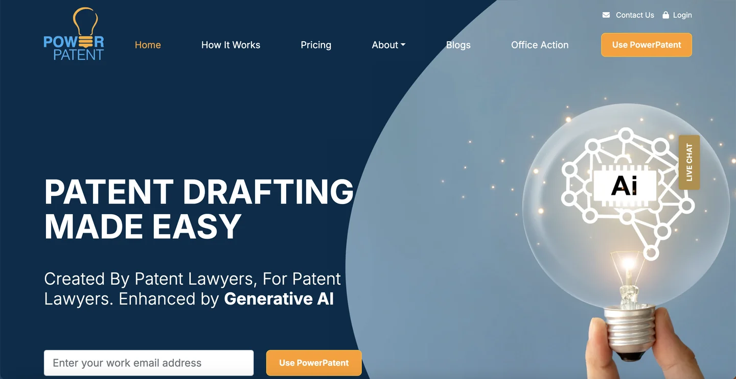 PowerPatent AI patent drafting platform homepage