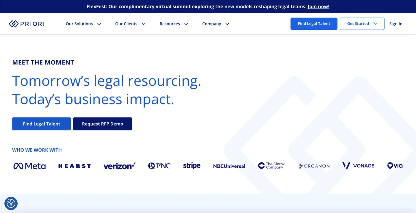 Priori Legal curated legal network for in-house teams homepage