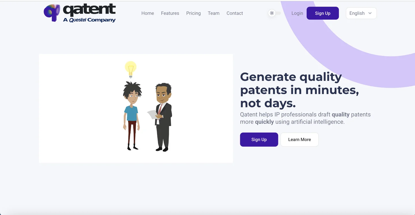 Qatent AI patent drafting platform by Questel homepage