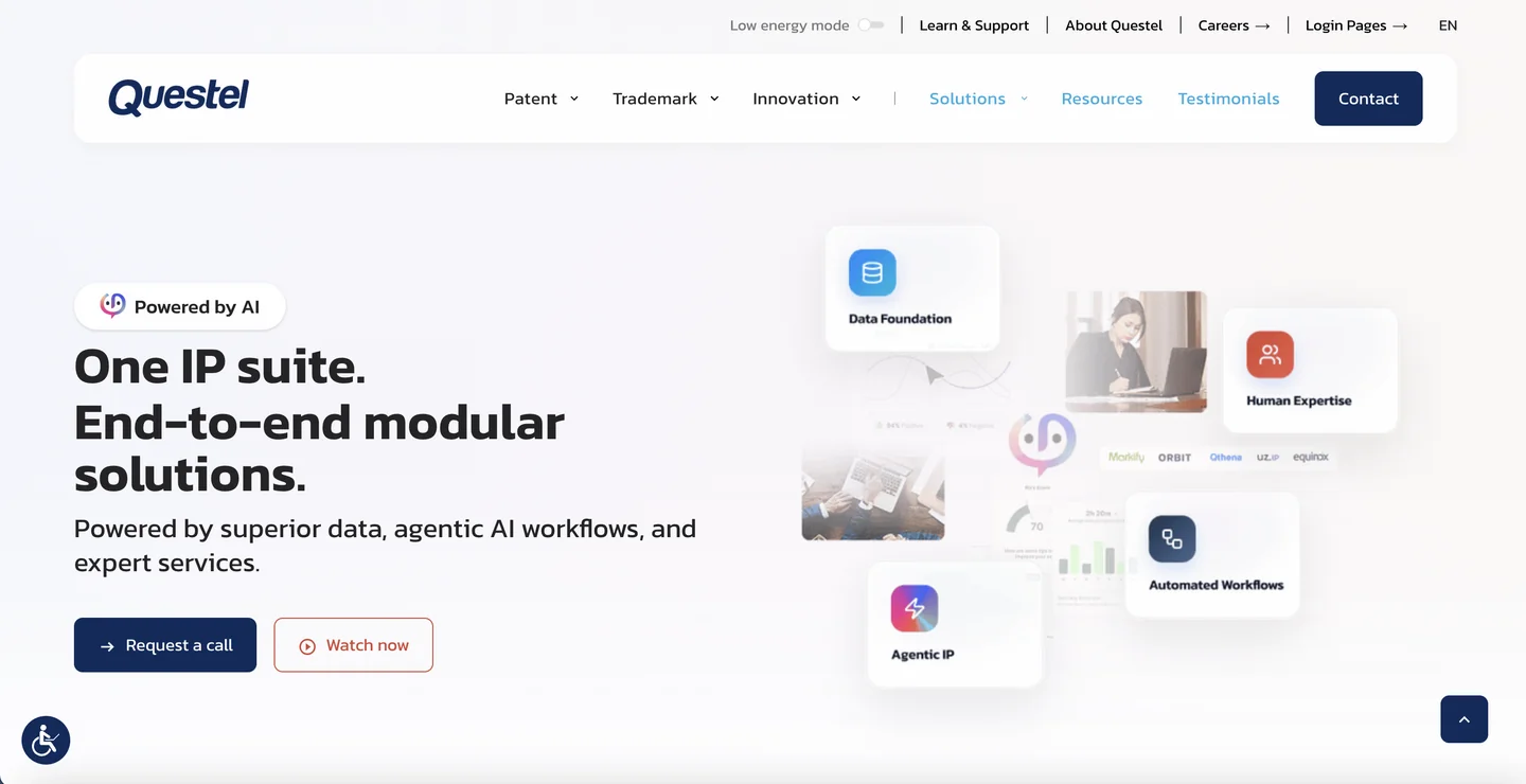 Questel IP management and patent drafting platform homepage