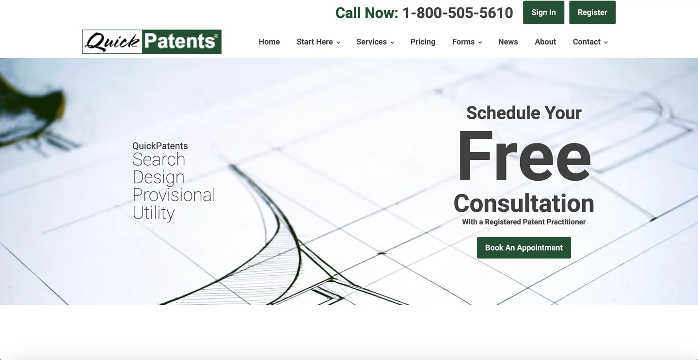 Quick Patents homepage — registered patent practitioner services with free consultation for inventors