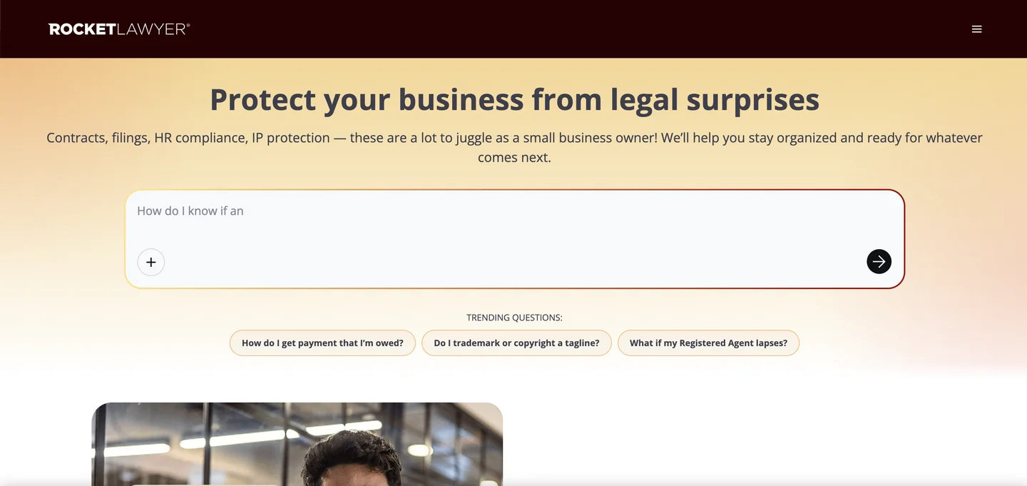 Rocket Lawyer homepage — online legal services platform for small business contracts and IP filings