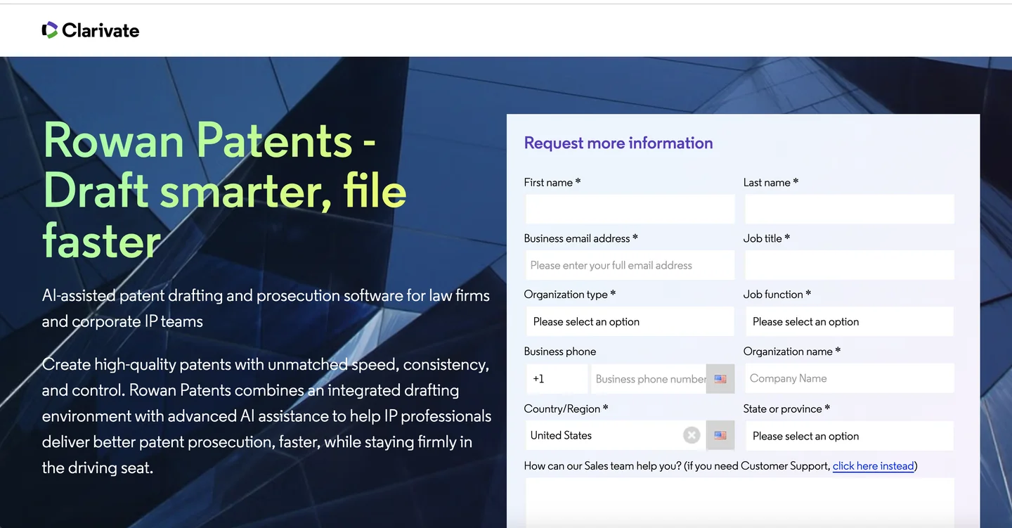 Rowan Patents (now part of Clarivate) AI patent drafting platform homepage