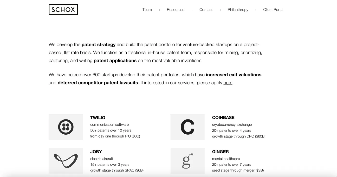 Schox Patent Group website Schox Patent Group homepage — boutique patent firm specializing in invention mining and portfolio strategy for venture-backed startups