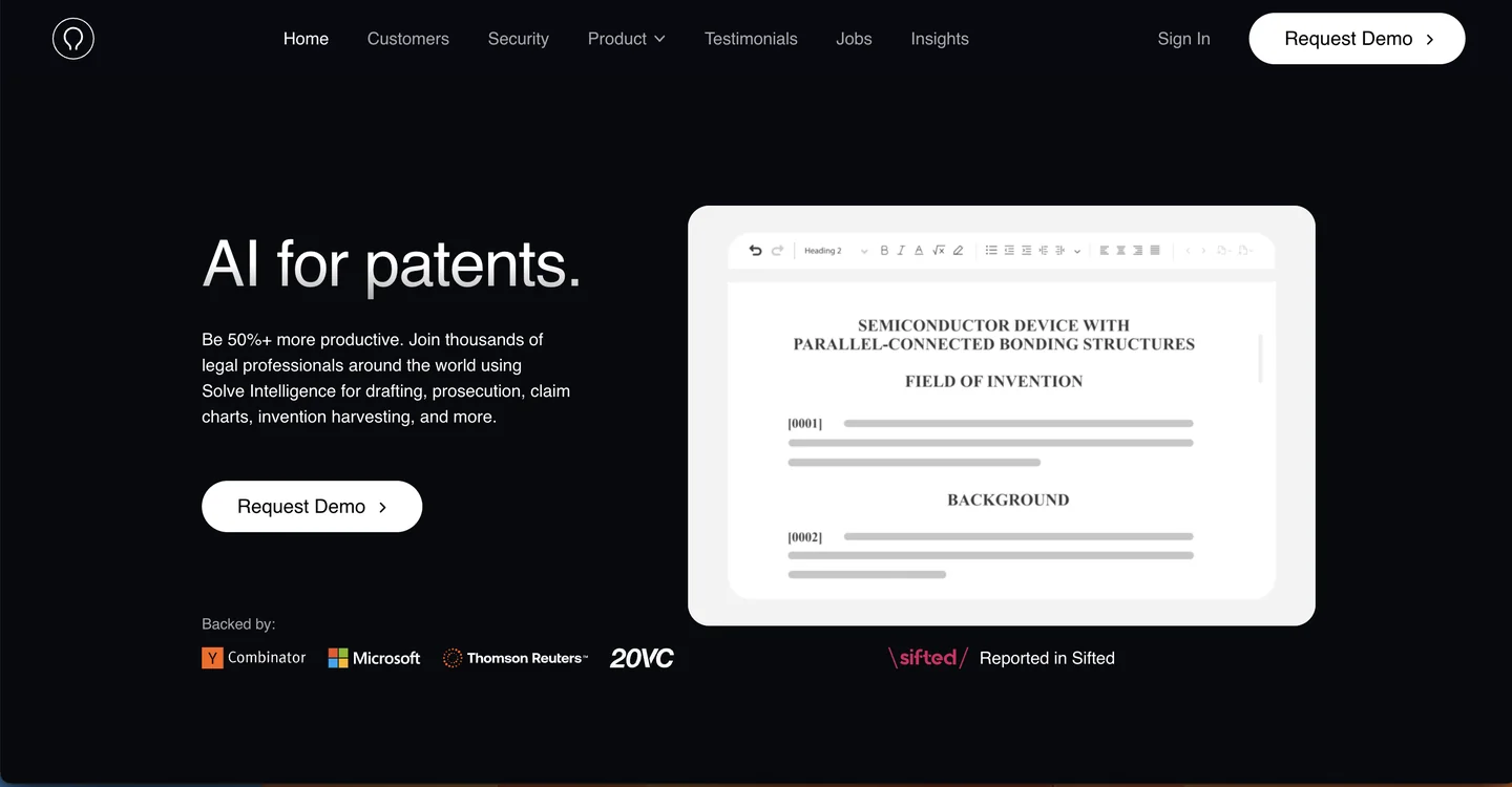 Solve Intelligence AI patent drafting platform homepage