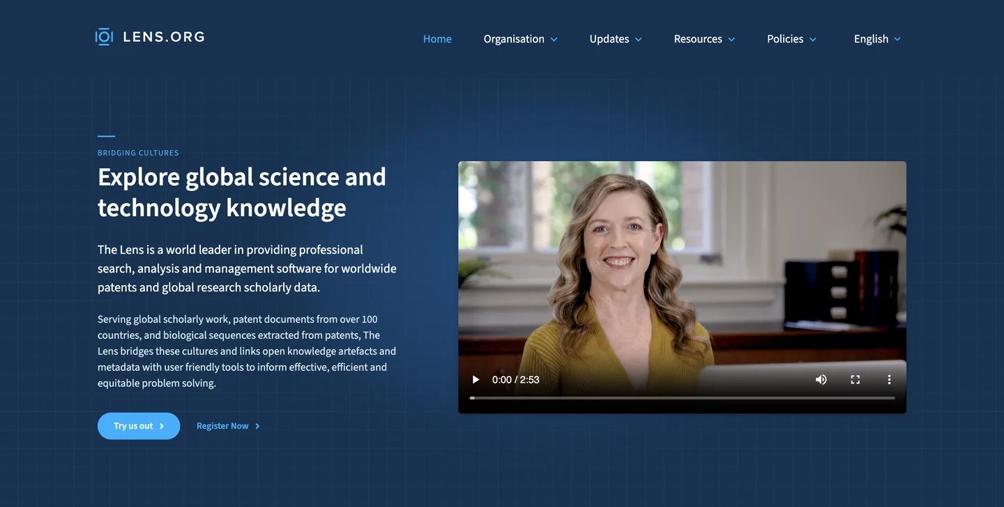 The Lens free patent and scholarly search platform homepage