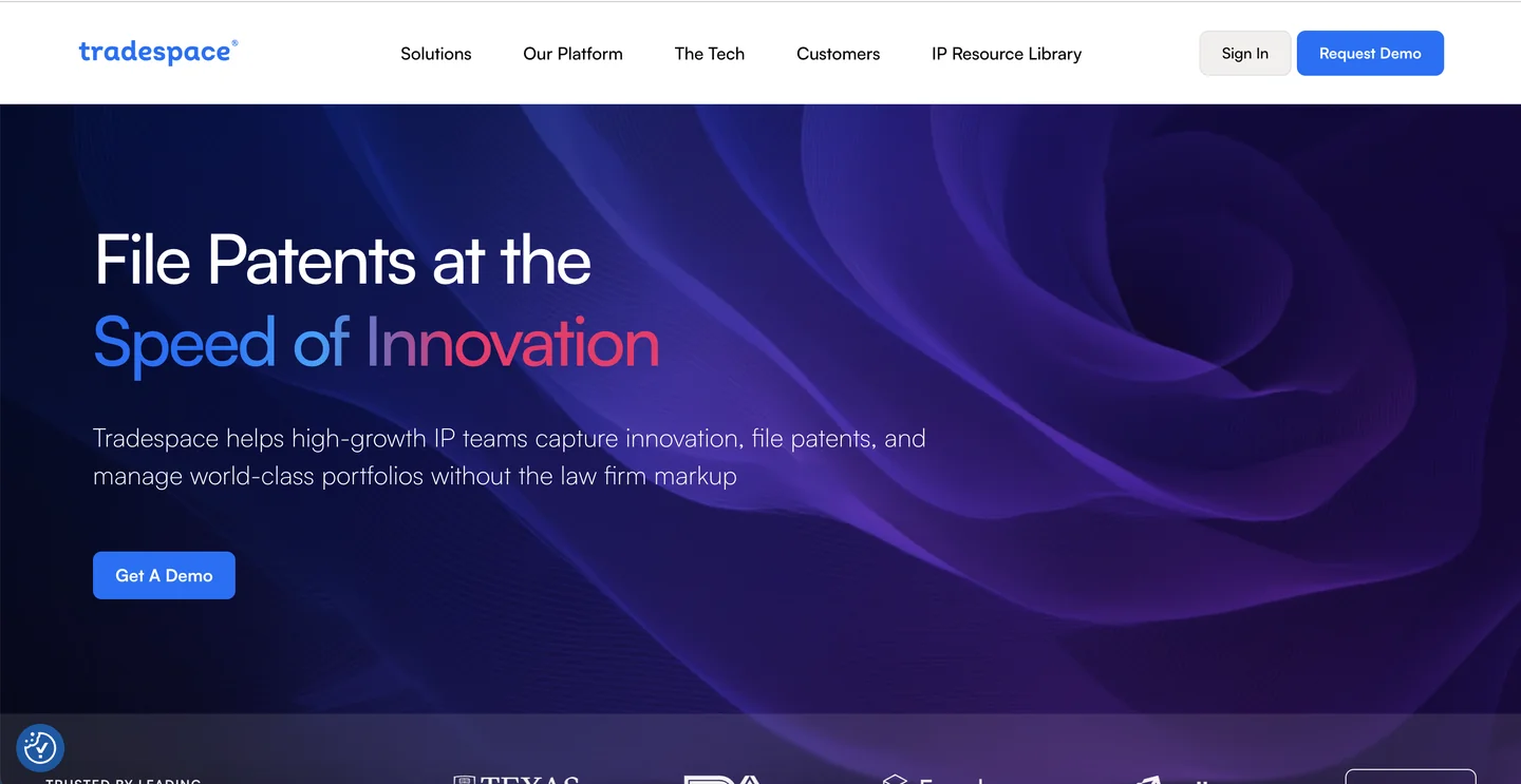 Tradespace AI patent drafting and management platform homepage