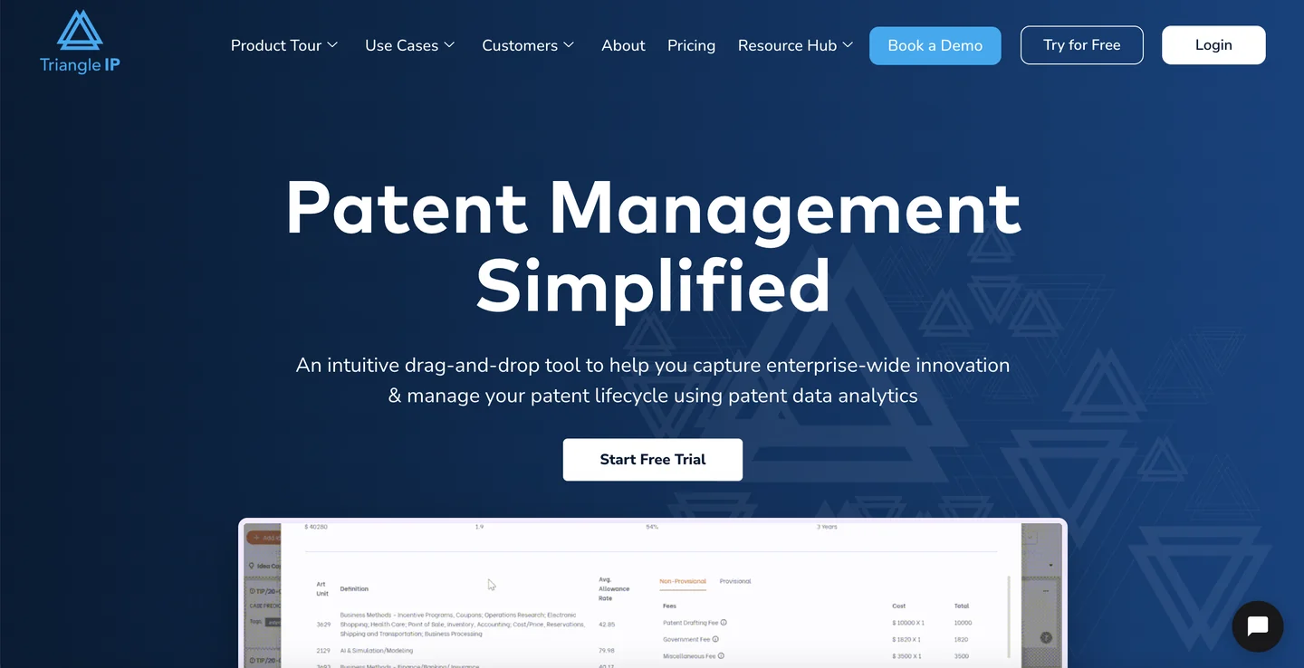 Triangle IP homepage — patent portfolio management platform with structured invention disclosure intake and committee review workflows