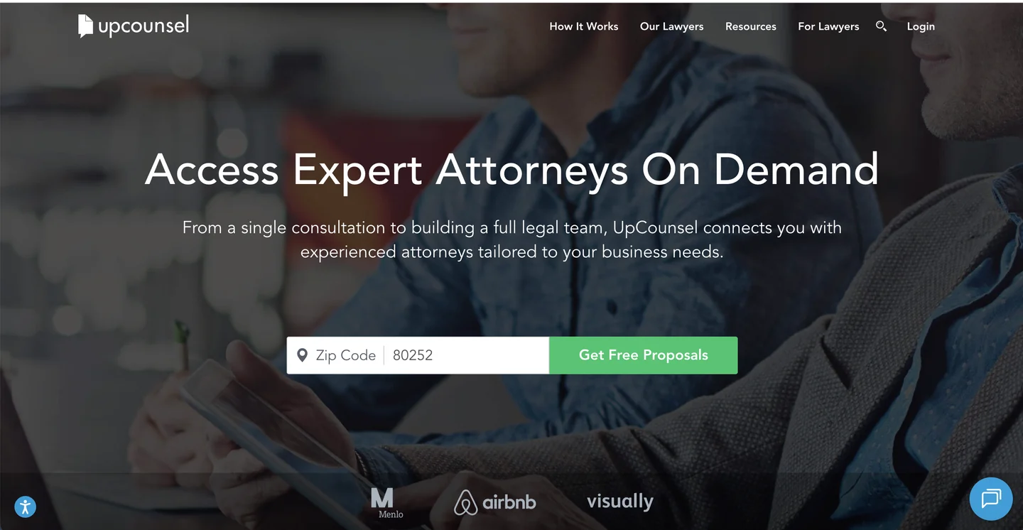 UpCounsel curated legal marketplace with flat-rate IP services homepage