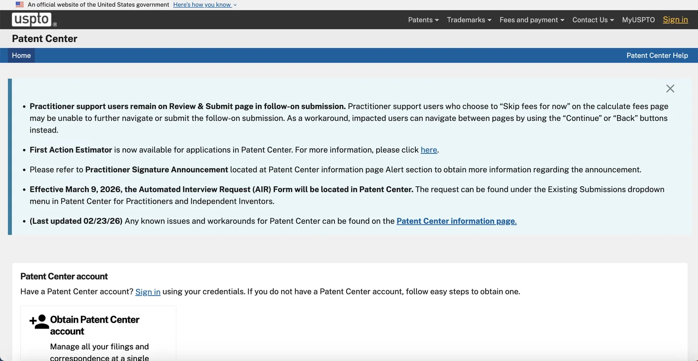 USPTO Patent Center website USPTO Patent Center patent filing and pre-check tool homepage