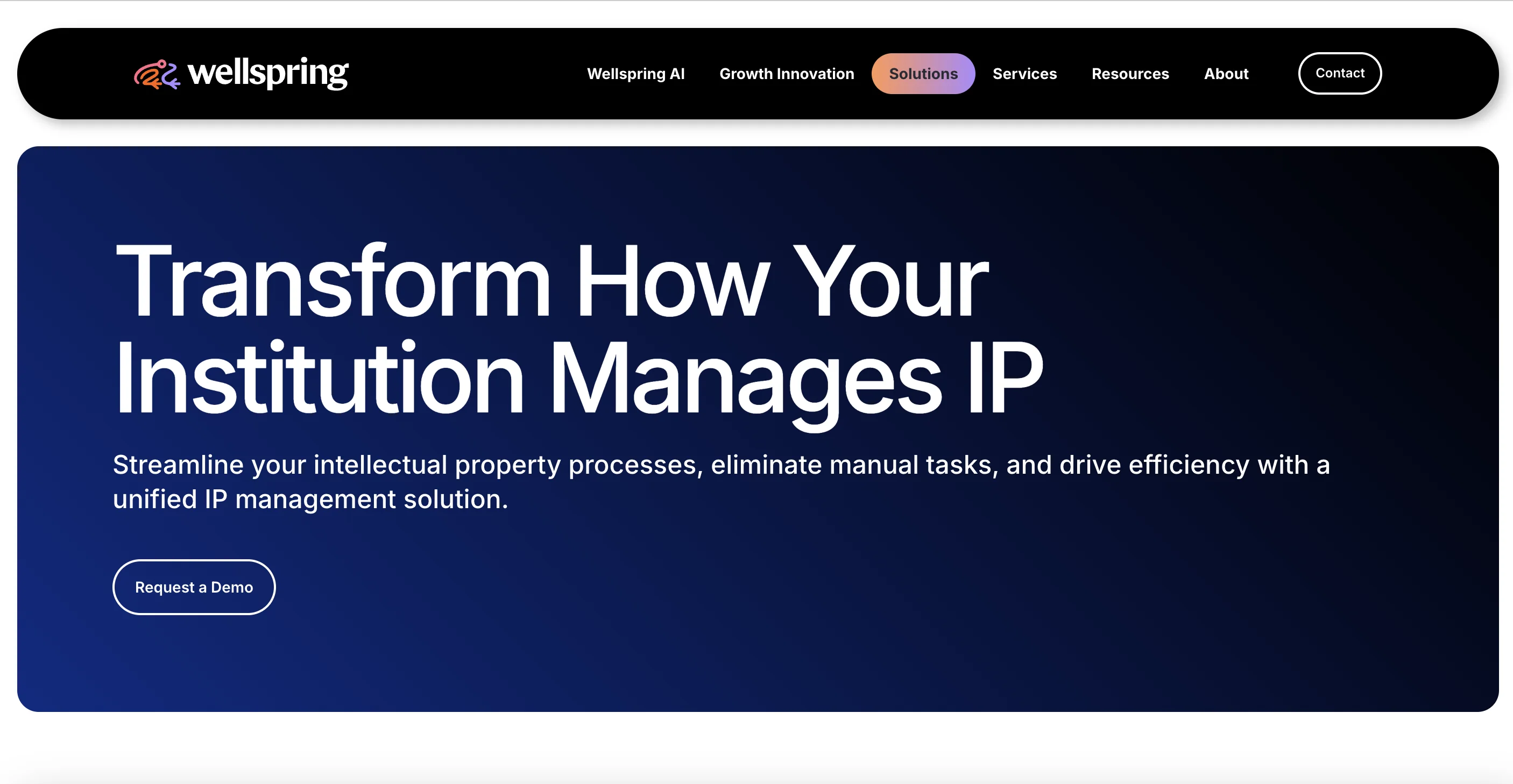 Wellspring Sophia homepage — technology-transfer management platform for universities, research institutions, and corporate R&D organizations